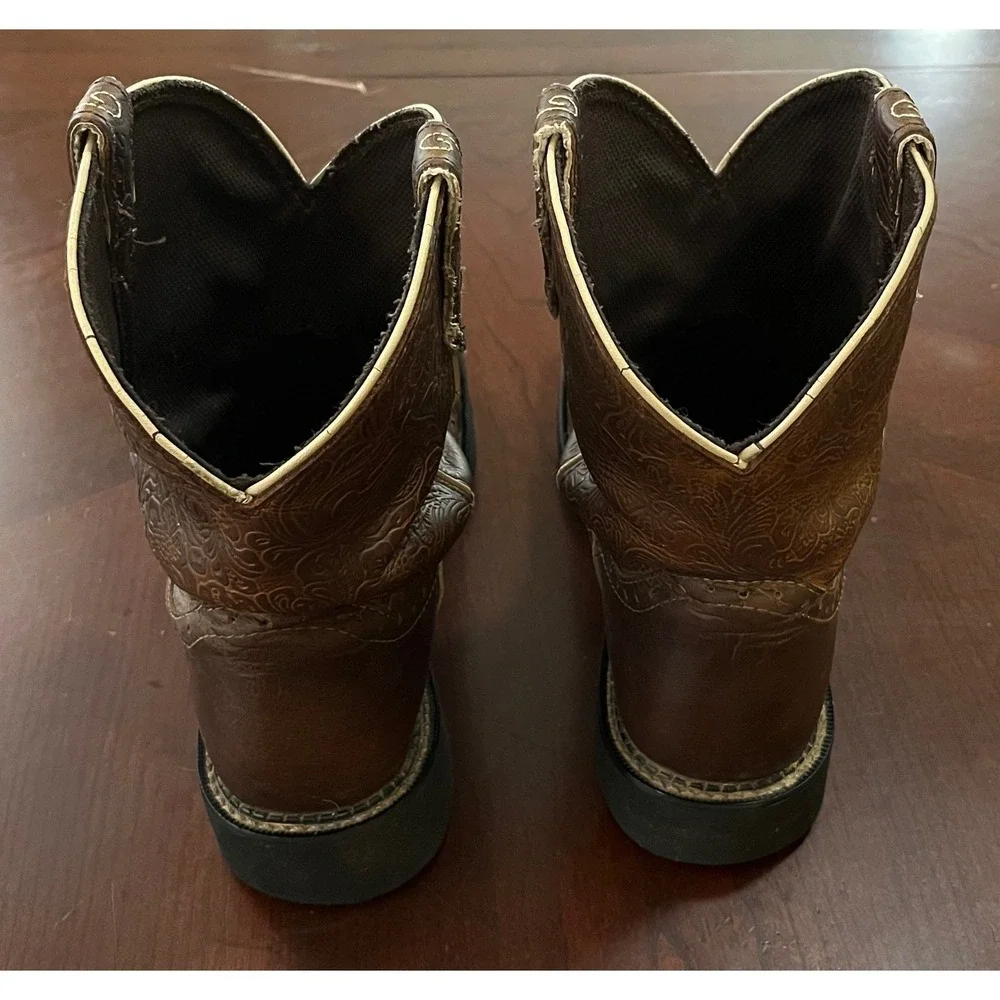 Justin Gypsy L9618 Women Brown Leather Floral Embossed Square Toe Boots Size 11B